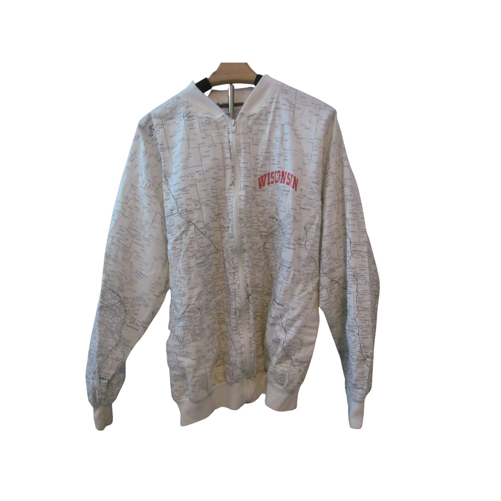 J‎ Sportswear Bomber Jacket Large White Wisconsin Map Print Vintage Made in USA
